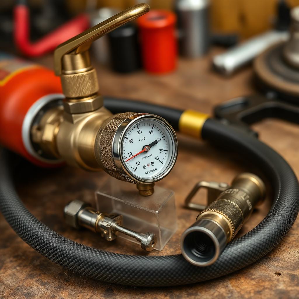 Detail komponen APAR: valve, manometer, hose, nozzle, safety pin